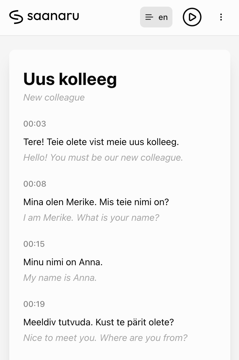 Audio player with transcription and translation - mobile version